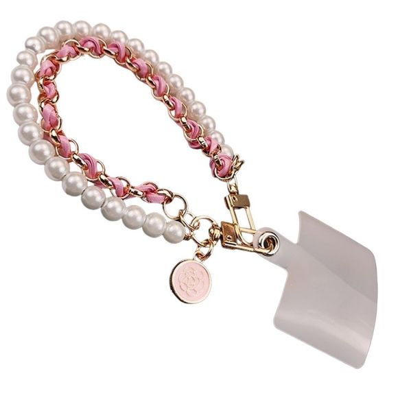Camellia Pink Leather Pearl Mobile Phone Ring Anti-Theft Bracelet Lanyard - Picture 2 of 5